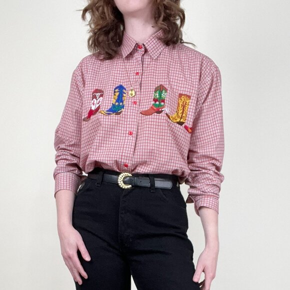 Vintage Tops - Vintage Embroidered Cowboy Boot Shirt Coastal Cowgirl Western Rodeo Top Blouse